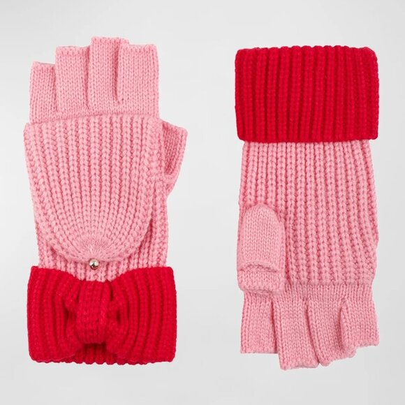 NWT kate spade New York Women's Pink & Red Bow Cuff Pop Top Mittens - Picture 1 of 9